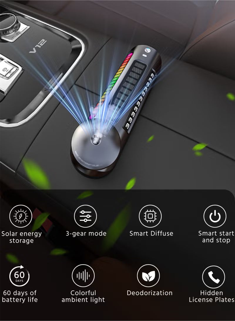 معطر جو ذكي للسيارة يعمل بالطاقة الشمسية، مع إضاءة محيطية للموسيقى في السيارة وعلامة رقم منزلقة، موزع عطر للسيارة مع تشغيل/إيقاف تلقائي، قابل للتعديل بثلاث مستويات، مزود ببطارية مدمجة، مع زجاجتين من العطر - Image 2